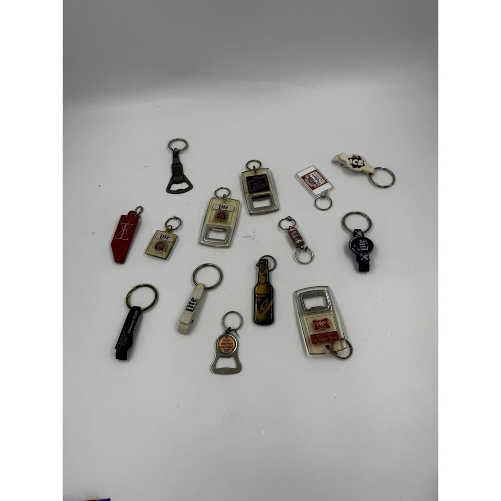 Lot of 14 Mixed Alcohol Brand Keyrings Some Openers Miller, Bud, Sam Adams